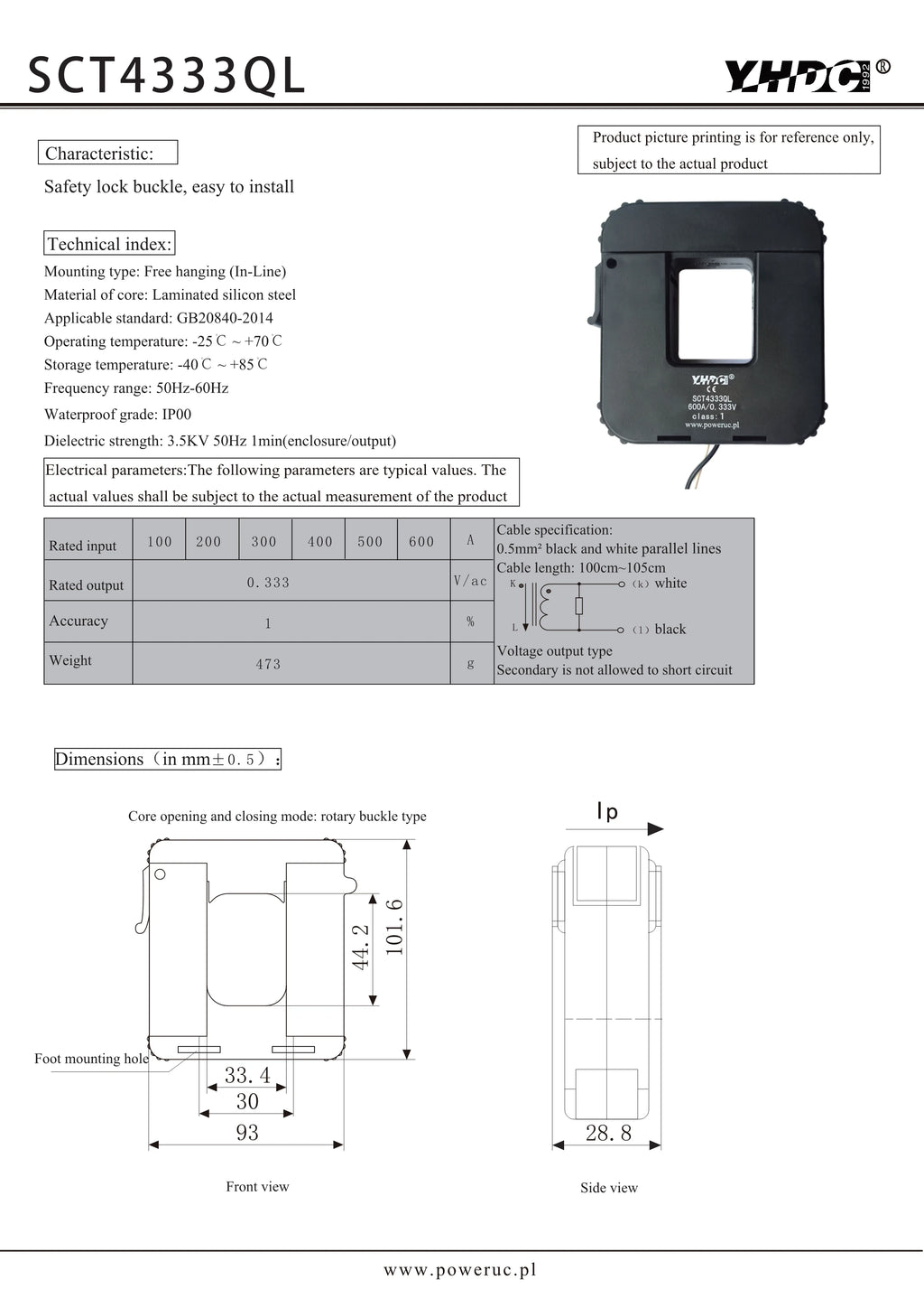 QL Series SCT4333QL Input 100A 200A 300A 400A 500A 600A Output 1A/5A Accuracy 1% Split Core Current Transformer