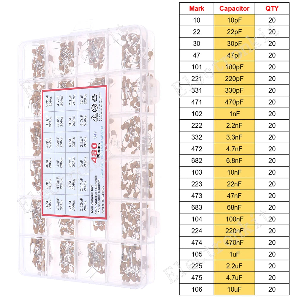 50V 10pF~10uF Multilayer Ceramic Capacitor Assorted kit Pin=5.08mm