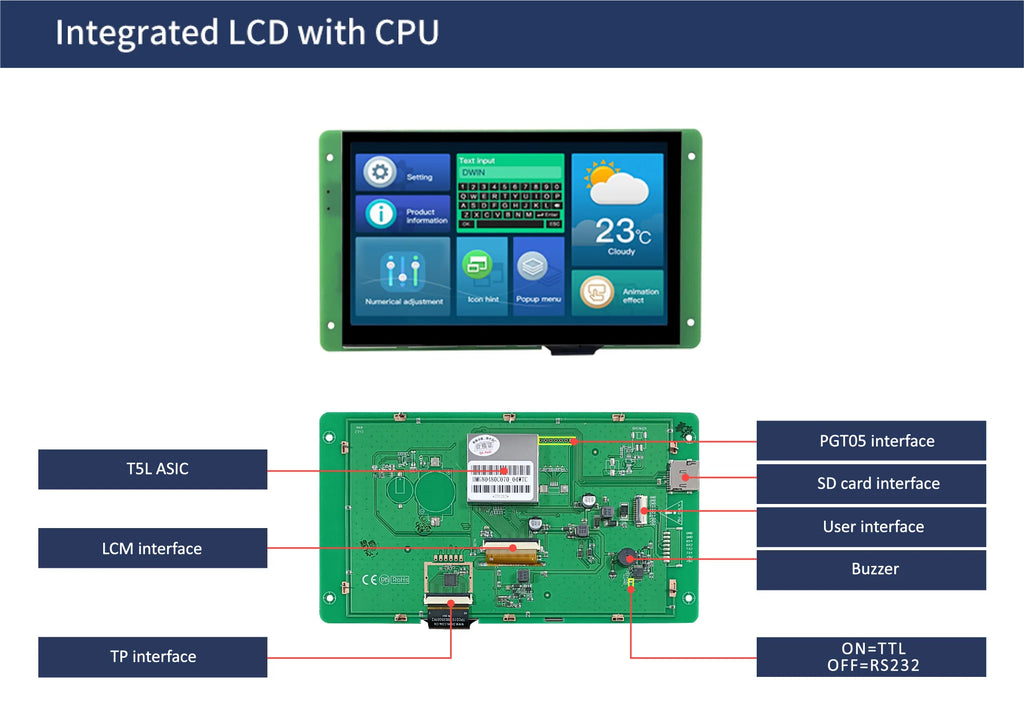 DWIN 7 Inch LCD Module 800*480 RS232/TTL HMI Commercial Touch Panel Screen Smart UART TFT Display DMG80480C070-04W