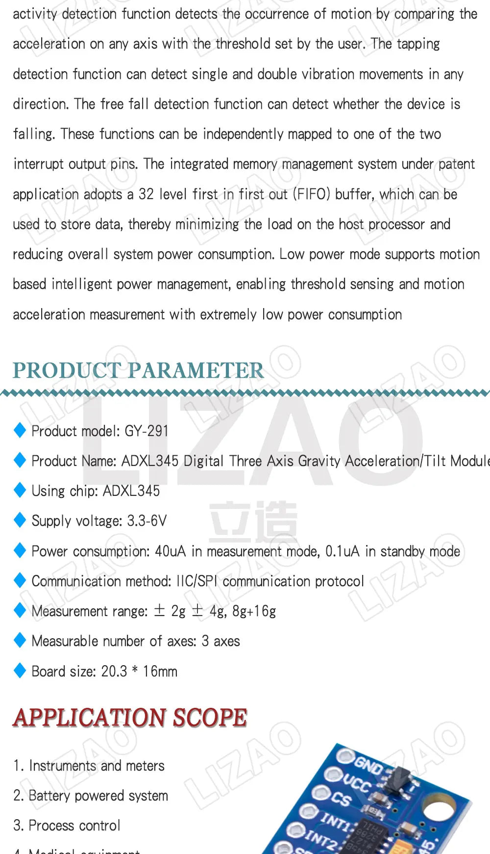LIZAO GY-291 ADXL345 Tilt Angle Accelerometer Module IIC/SPI Communication For Arduino DIY