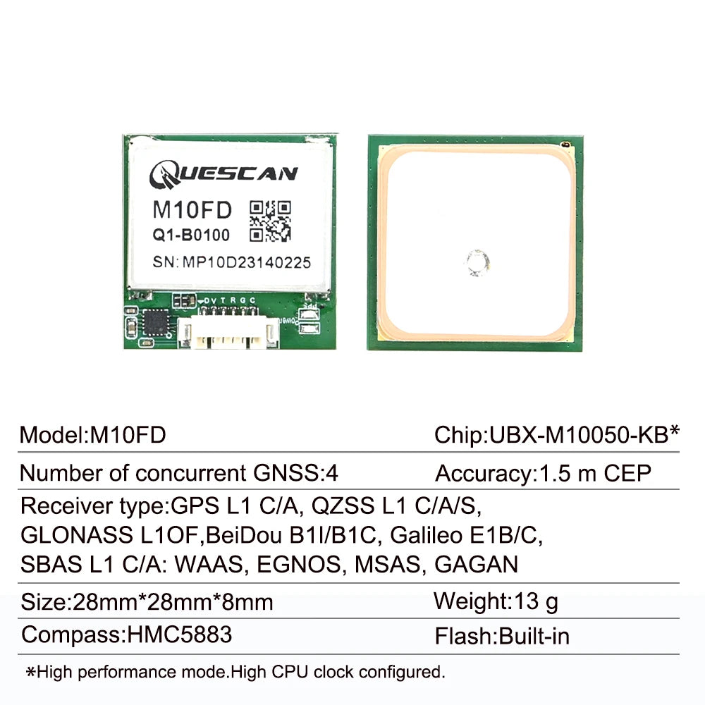 QUESCAN M10FD 10Hz UBX M10 GPS GNSS Module with Compass QMC5883L FPV Drone Flight Controller GPS GLONASS Galileo BeiDou Receiver