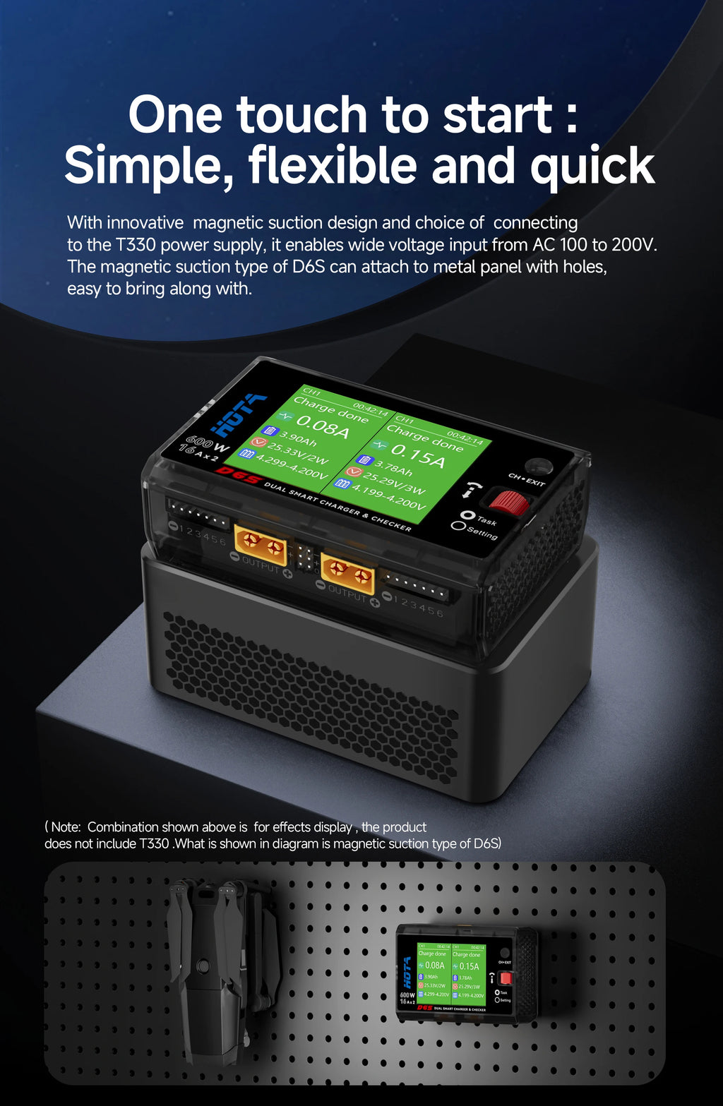 HOTA D6S RC Lipo Battery Charger Magnetic Suction Dual Channel Smart Balance 600W High Power 1-6S Smart Balance Charger