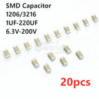 20PCS 1206 3216 SMD Capacitor 1UF 2.2UF 4.7UF 10UF 22UF 47UF 100UF 220UF 10V 16V 25V 35V 50V 63V 100V 200V X7R X5R ±10%=K ±20%=M