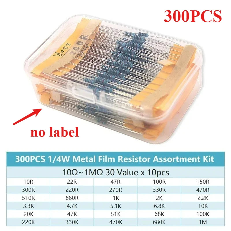 300/600pcs 1/4W Metal Film Resistor Kit 0.25W Resistors 1% 30 Values 10Ω~1MΩ Colored Ring Resistance Electronic Kit