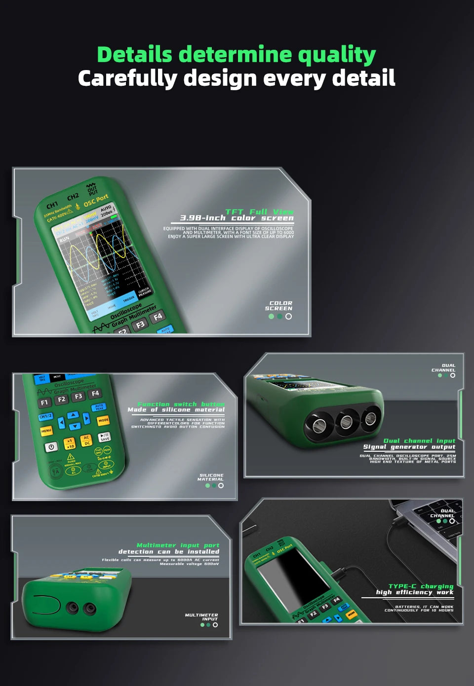 BSIDE 4-IN-1 Handheld Oscilloscope Digital Multimeter+Function Signal Generator Dual Channel O7:25MHz/O9:50MHz Current Tester