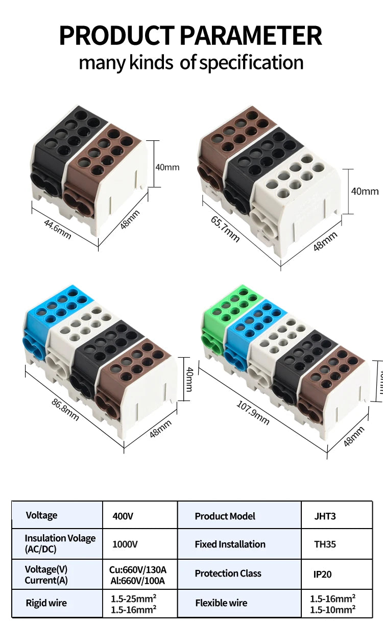 JINH DIN Rail Mount Stackable Hexagonal JHT3 Power Distribution Block Modular Heavy-Duty Cable Splicing Junction Box