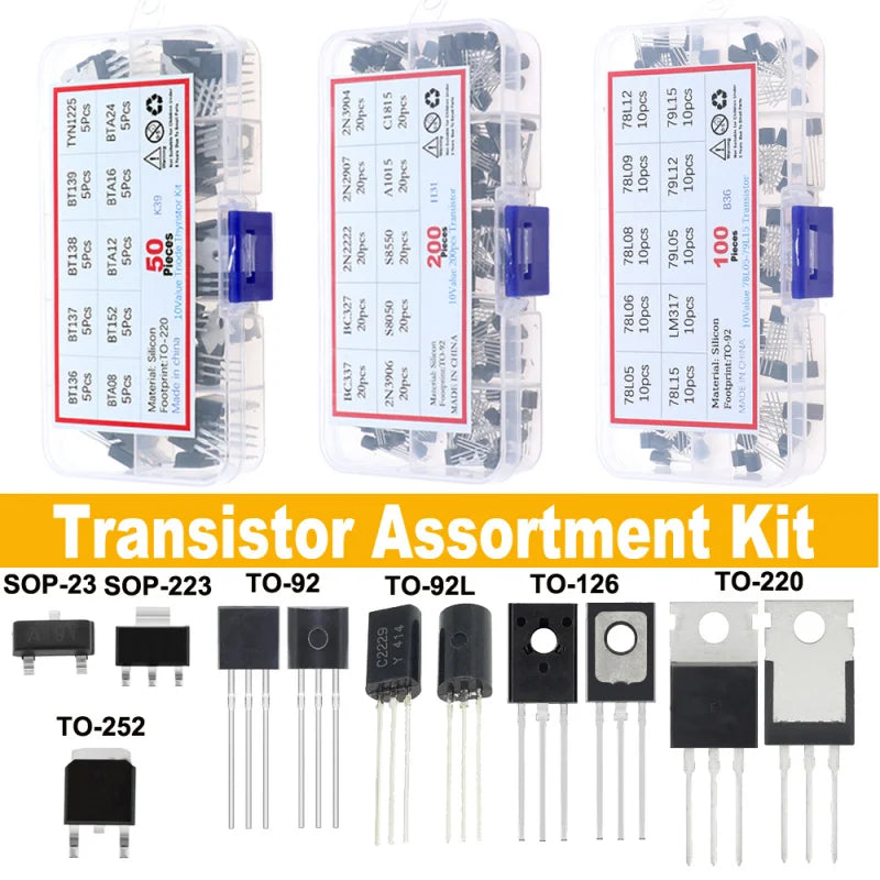 SOP-23 SOP-223 TO-252 TO-92 TO-92L TO-126 TO-220 Mosfet Triode Thyristor Voltage Regulator PNP/NPN Transistor Assortment Kit