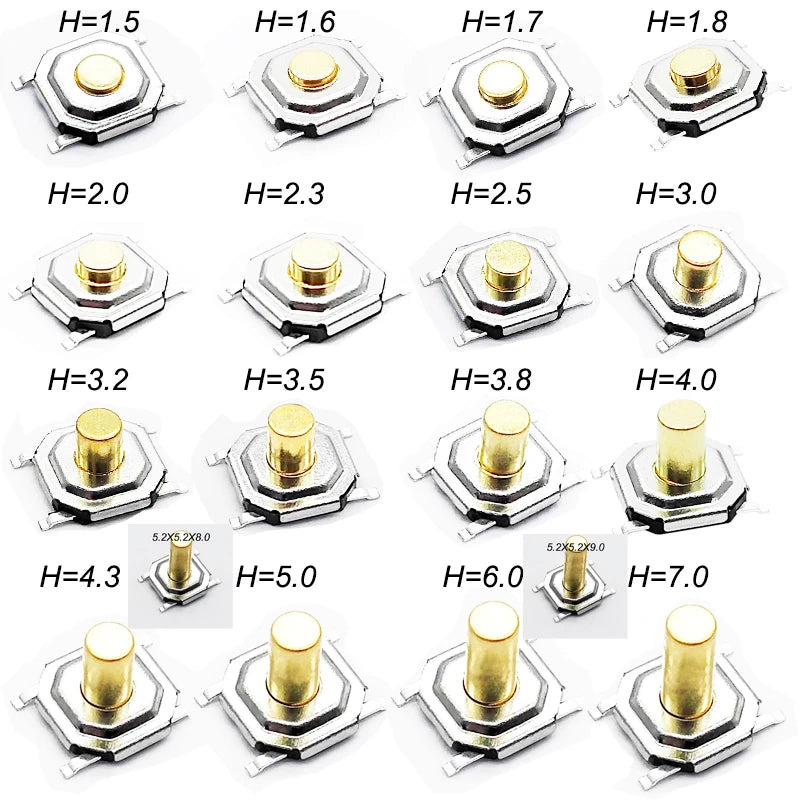 Metal Tactical Push Button Switch,Tact Switch,5.2x5.2x1.5mm to 9mm 4PIN SMT,Key Switch Speaker Audio button,PER 50PCS