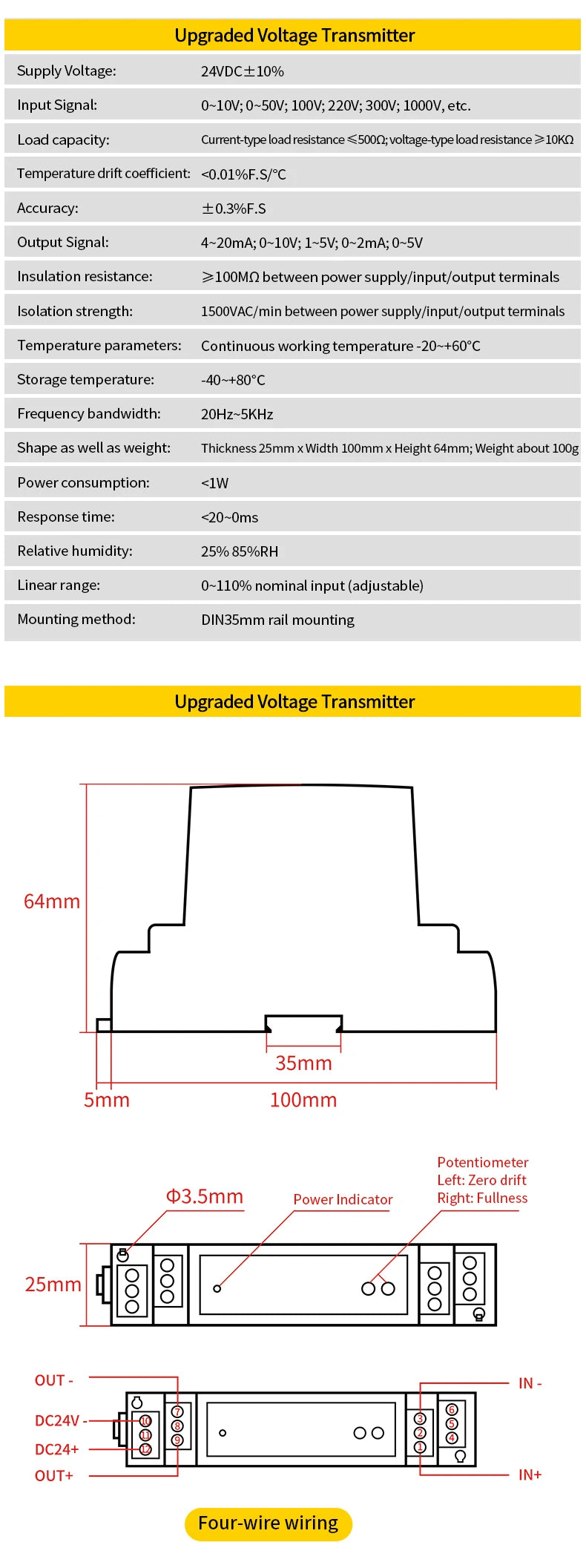 Voltage Transducer 0-100V 0-200V 0-300V Voltage Transmitter 4-20mA 0-10V 0-5V RS485 Voltage Sensor AC Voltage Signal Transmitter