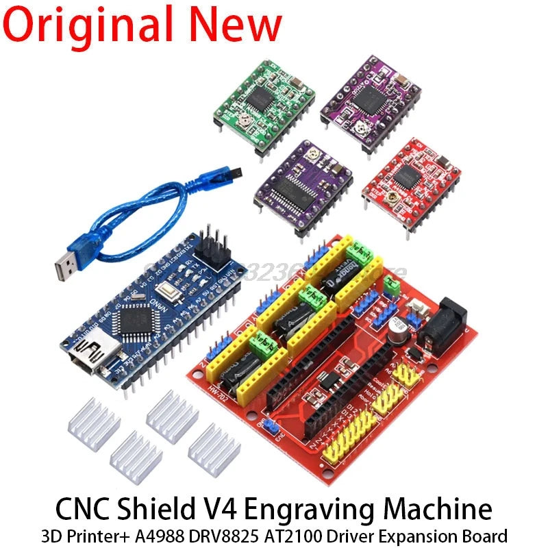 CNC Shield V4 Engraving Machine 3D Printe 4pcs DRV8825 A4988 AT2100 Driver Expansion Board For Arduino +NANO V3.0 With USB Cable