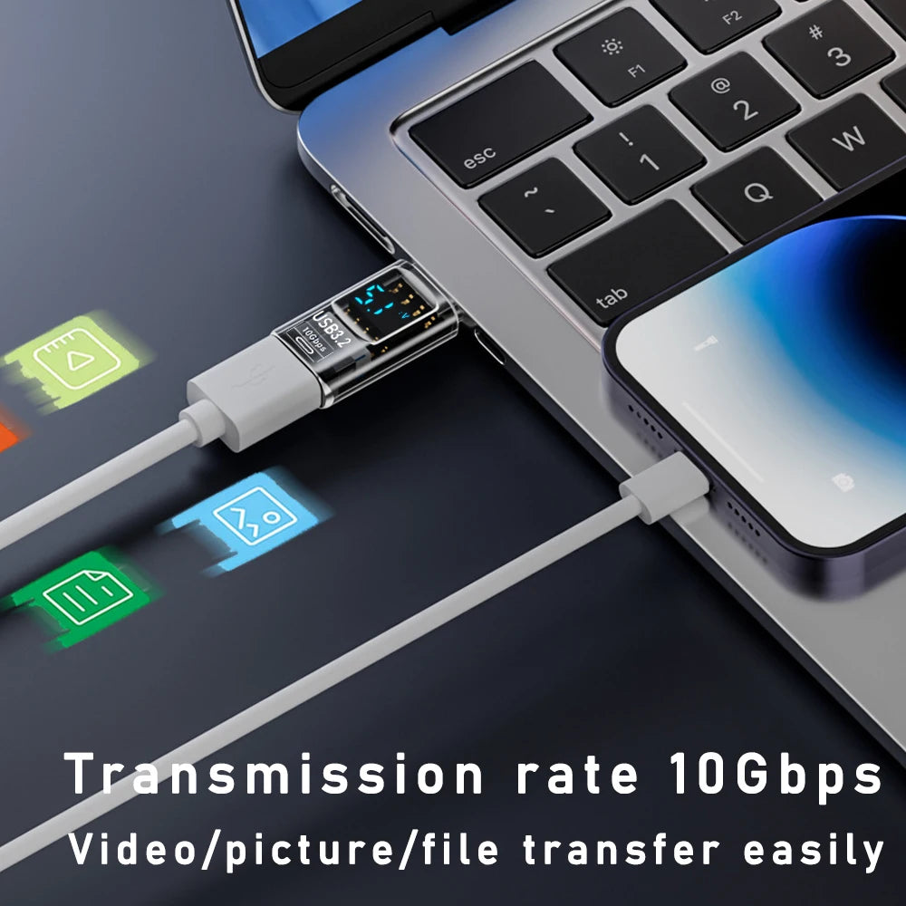 Digital LED Display USB 3.2 Adapter 36-60W 10Gbps Laptop Type-C Converter Data Transmission Smart Chip Power Meter Tester