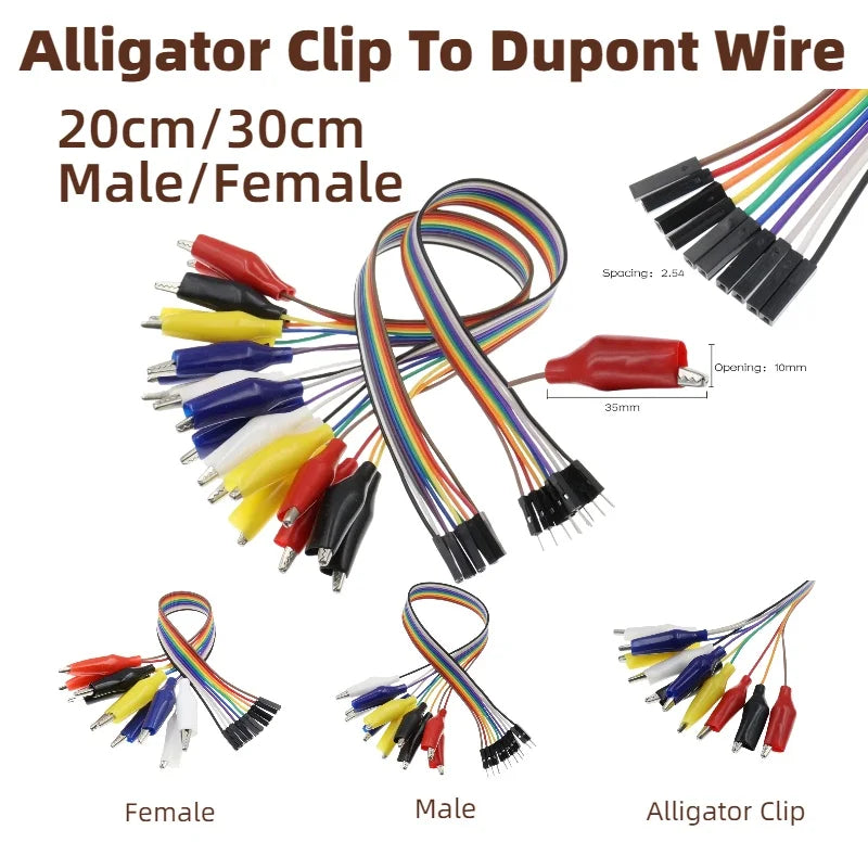 10pcs-5-1pcs 20cm 30cm Alligator Clip To Dupont Wire 10Pin Male Crocodile Clip To Jumper Wire 10pin Female Test Lead for Arduino