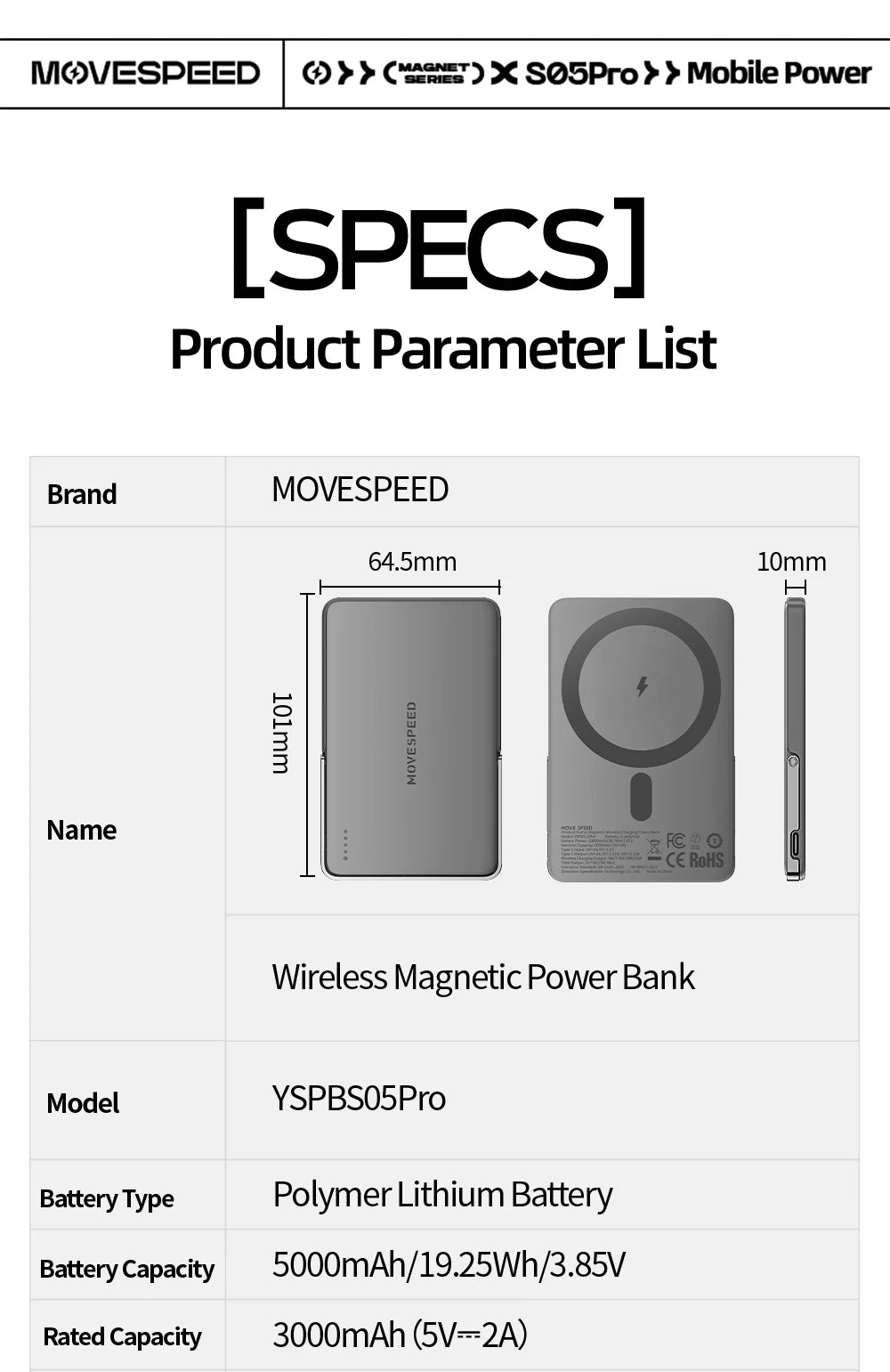 MOVESPEED S05Pro Magnetic Power Bank 5000mAh Wireless External Battery with Stand for MagSafe Powerbank for iPhone 16 15 Samsung