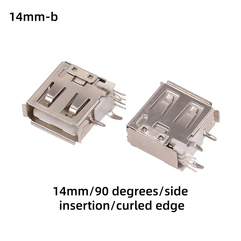 10PCS USB A Type Female Socket 14mm 19.5mm 4Pin AF 90° Right Angle Side Insertion Flat Edge Curled Edge 2.0 USB-A Type Connector