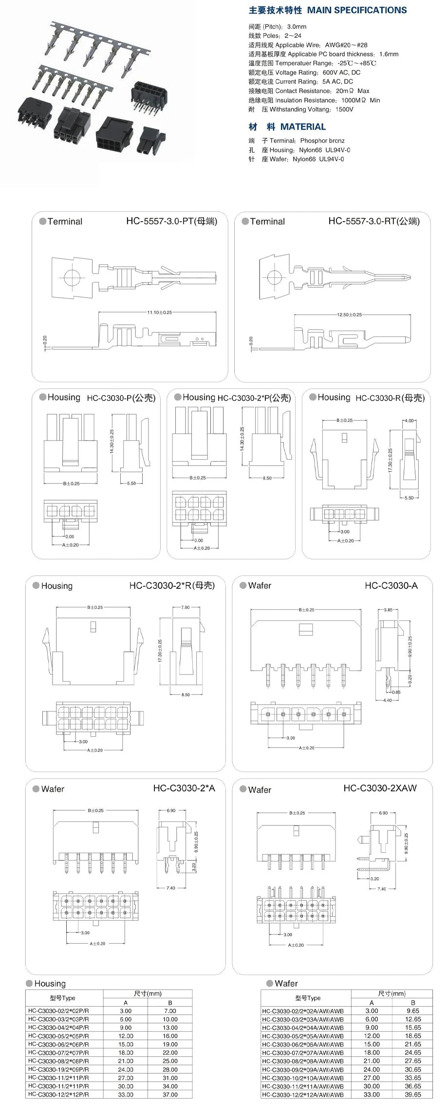 10Sets MX3.0mm Micro-Fit 3.0mm Double Row 2*1P- 2*12Pin Mini 5559/43020 Housing Receptacle Terminal Straight RA Wafer Connector