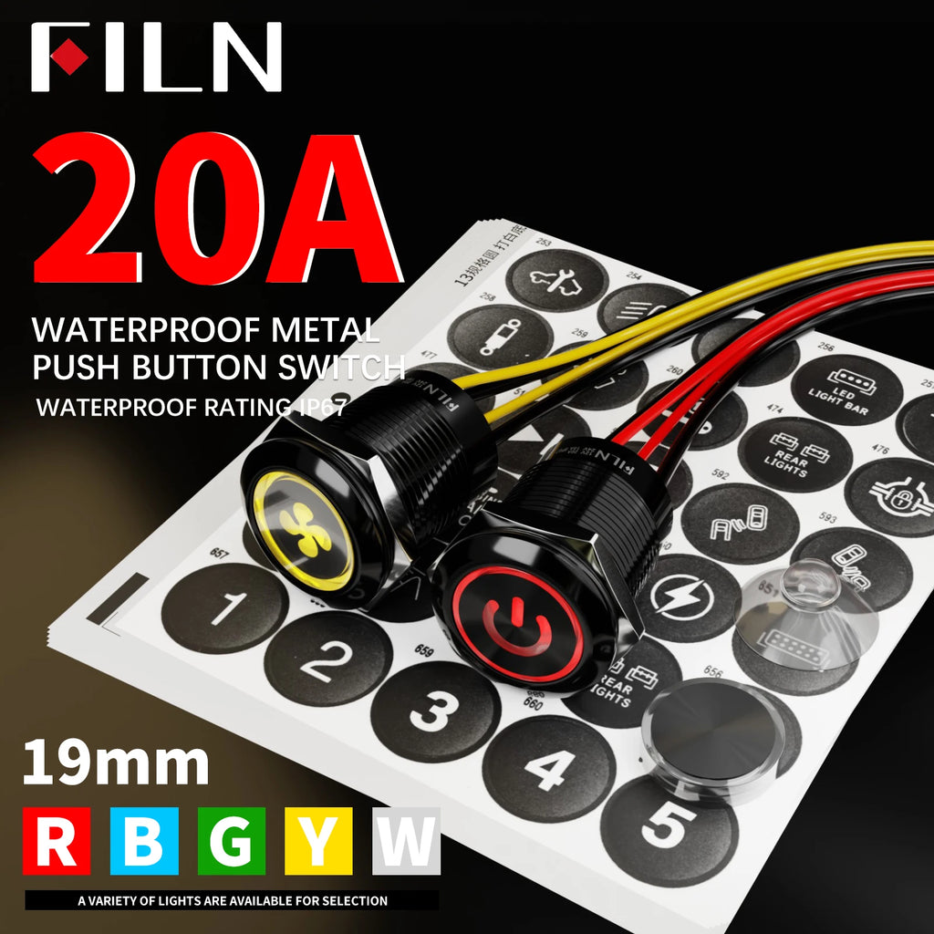 2pcs 19mm Blue LED Latching Push Button Switch, 12V-24V Wide Voltage 20A IP67 Waterproof Marine Switch with 180 Symbols for Car