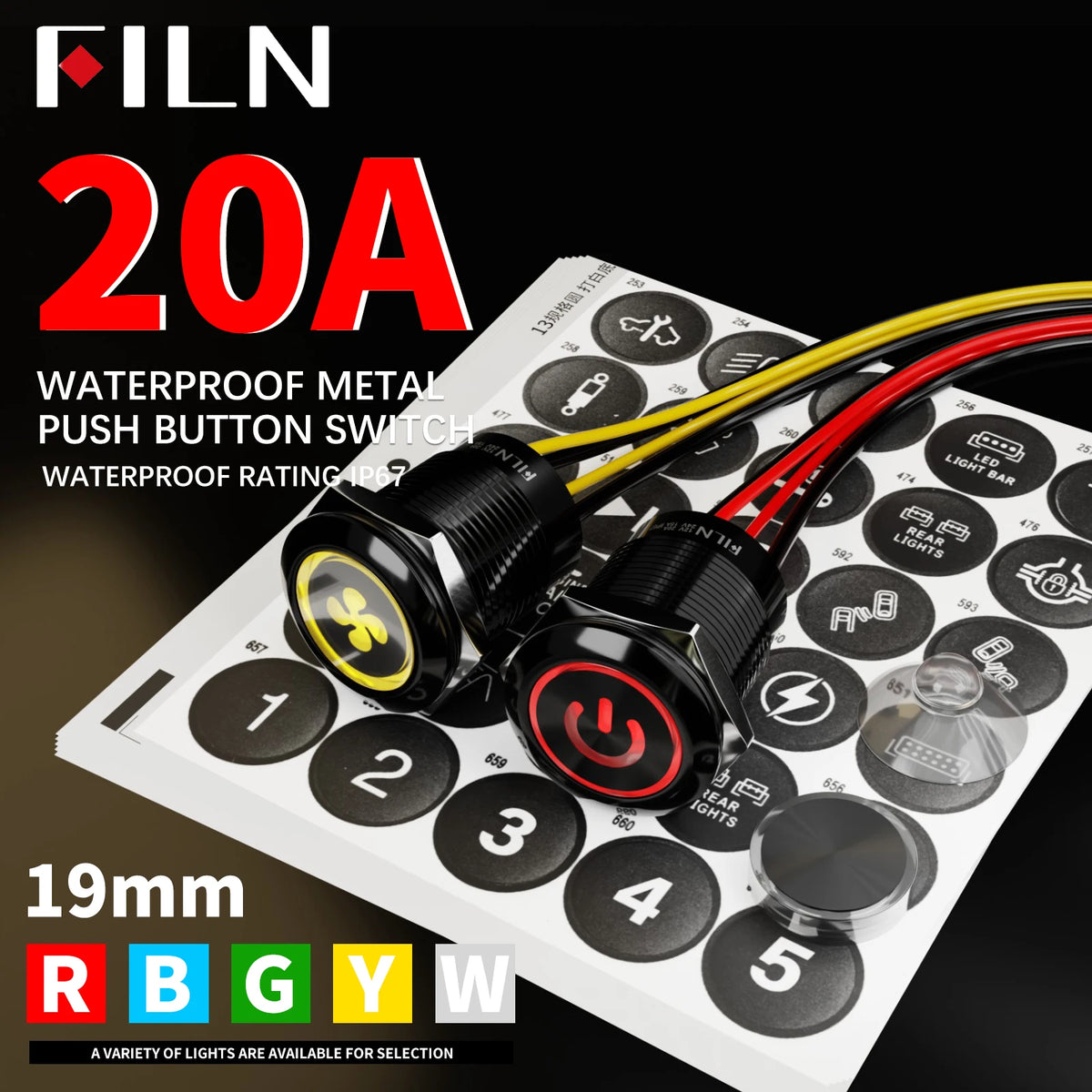 2pcs 19mm Blue LED Latching Push Button Switch, 12V-24V Wide Voltage 20A IP67 Waterproof Marine Switch with 180 Symbols for Car