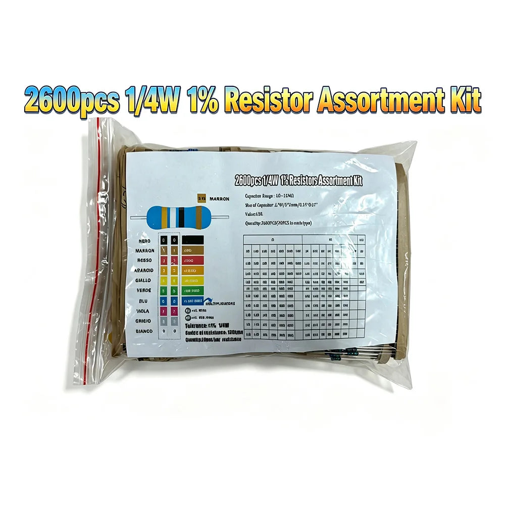 2600pcs Assorted Metal Film Resistors 130 Values 1/4W 0.25W 1% Fixed Resistor Kit for Electronics DIY Projects