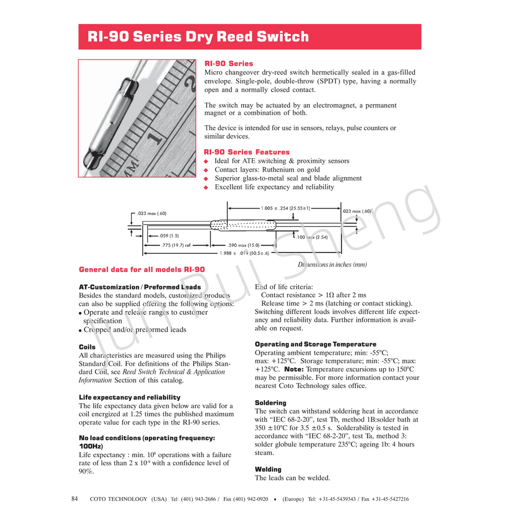 10/50PCS RI-90 Original RI 90 Reed Switch 0.4A 5W 175V Normally Open/Closed NO NC SPDT Changeover Magnetic Contact Sensor 2x14mm