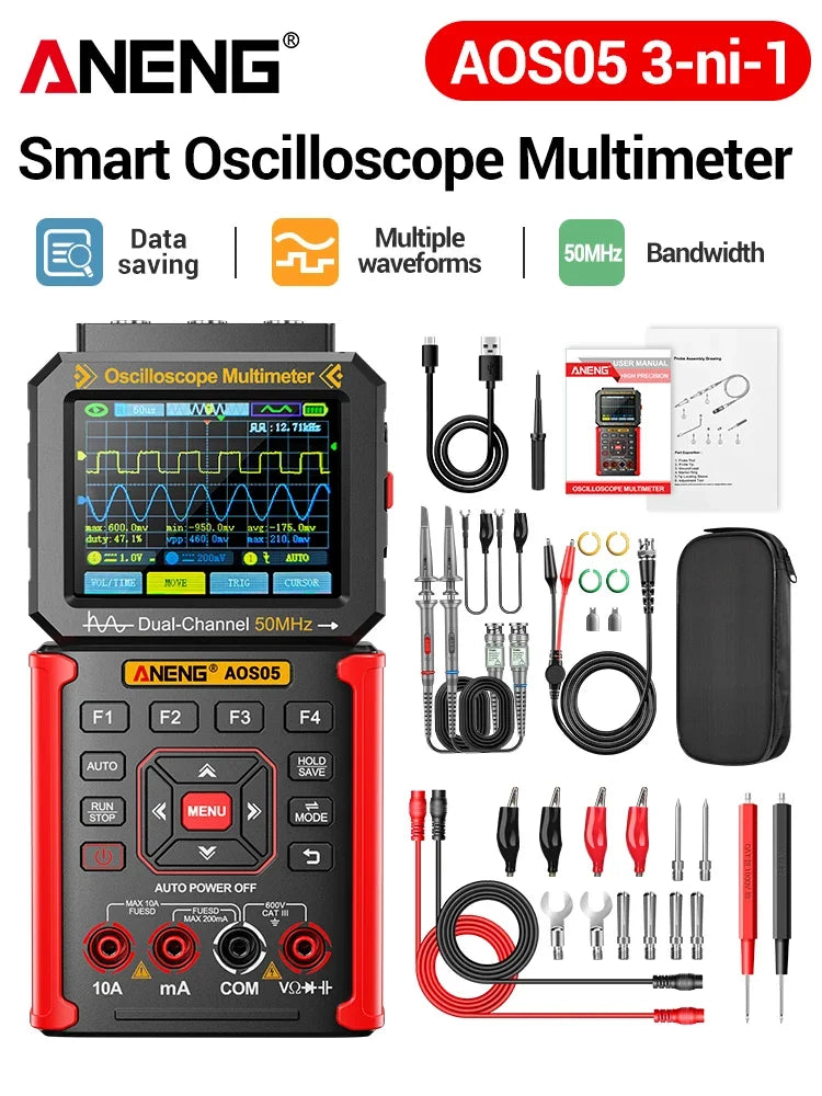 Dual-channel Oscilloscope Rechargeable 50MHz Bandwidth 200MSa/s Sampling Smart Automatic 3-in-1 Detector 25000 Count ANENG AOS05