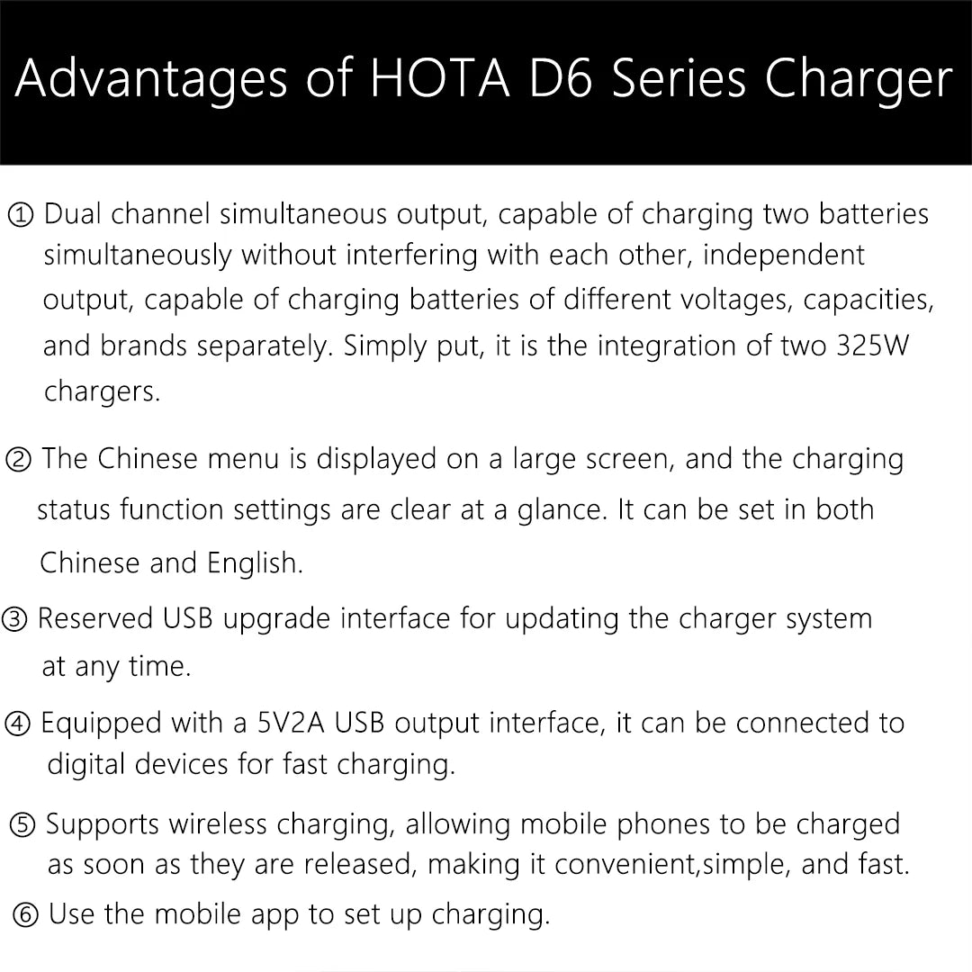 HOTA D6 DC650W 15A Dual Smart Charger Maximum current 1600mA Built-in Micro USB for 1-6S Lipo LiHV/NiZn/Nicd/NiMH Battery