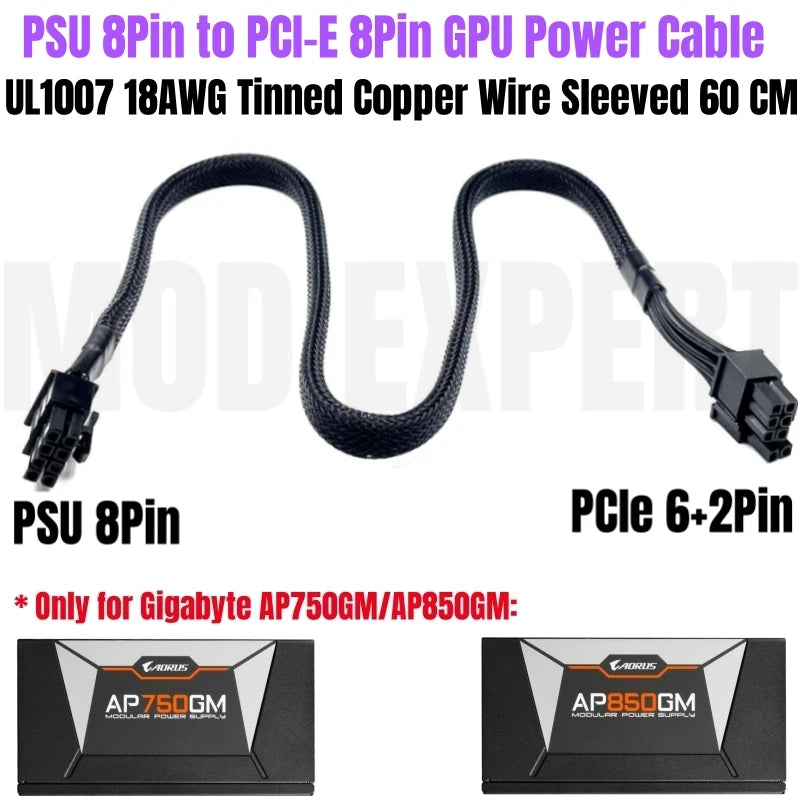 Modular Power Cable for GIGABYTE AORUS AP750GM AP850GM, GPU PCIe 8Pin 6+2Pin, CPU 4+4Pin, HDD SSD SATA Molex IDE 4Pin, ATX 24Pin