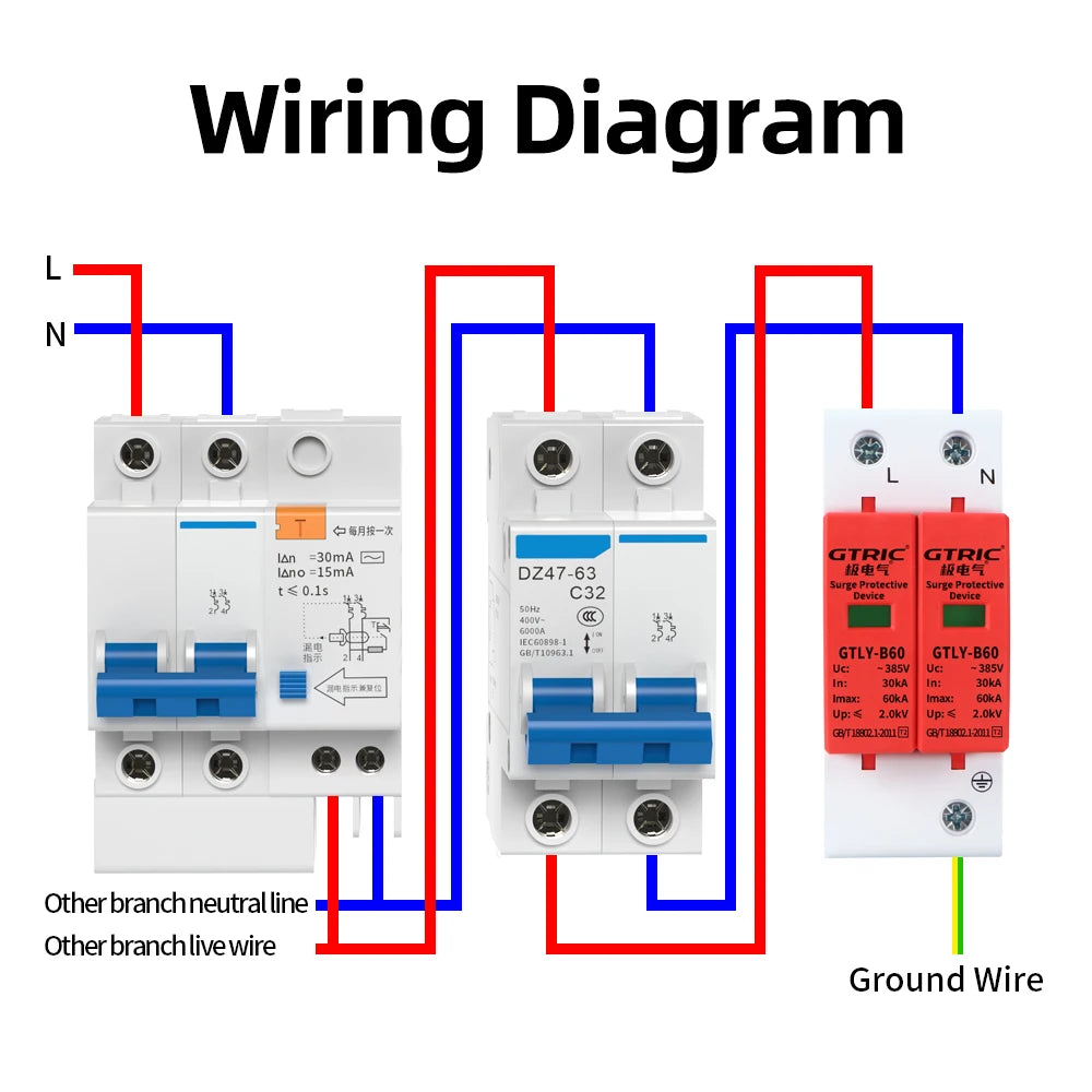 GTRIC House Lightning Surge Protector AC SPD 1P 2P 3P 4P 40KA 60KA 220V 385V AC Protective Low-voltage Arrester Device