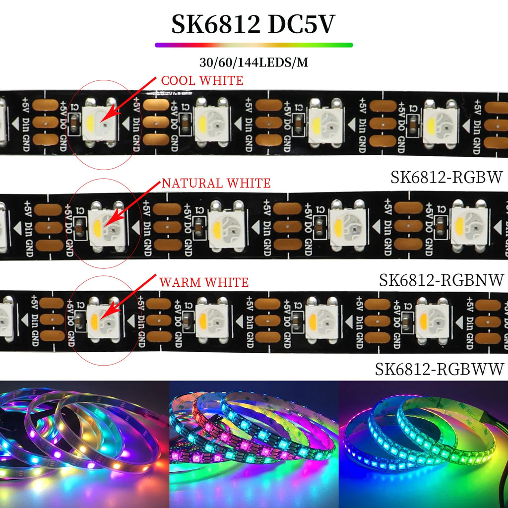 4 IN 1 SK6812 RGBW RGBNW RGBWW LED Strip (WS2812B Similar) Smart Color Soft LED Lights Lamp 30/60/144 LEDs/m Addressable Light 5