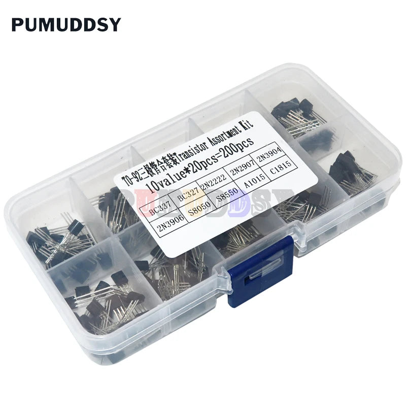 Transistor Assortment Kit 10value 200PCS BC337 BC327 2N2222 2N2907 2N3904 2N3906 S8050 S8550 A1015 C1815,Transistors Box Pack