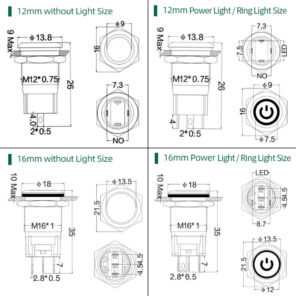 12/16mm Flat LED Illuminated Reset Latching Ring LED Metal Push Button Switch Waterproof On Off with Power Symbol