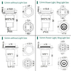 12/16mm Flat LED Illuminated Reset Latching Ring LED Metal Push Button Switch Waterproof On Off with Power Symbol