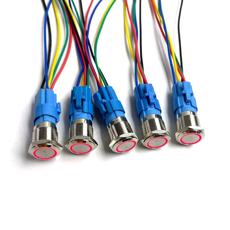 5 pcs Metal Push Button Switch 12v 16mm 19mm 22mm Ring Lamp Power Symbol Waterproof LED Light Self Lock Reset with Connector 220