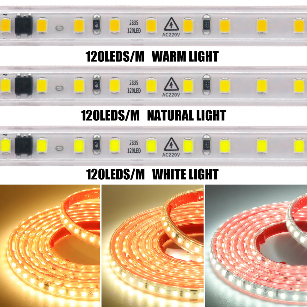 220V LED Strip 2835 120LEDs/m Waterproof 0.5M 5M 10M 20M 30M 40M Flexible Lamp Adhesive Tape White Red Green Ice Blue Pink