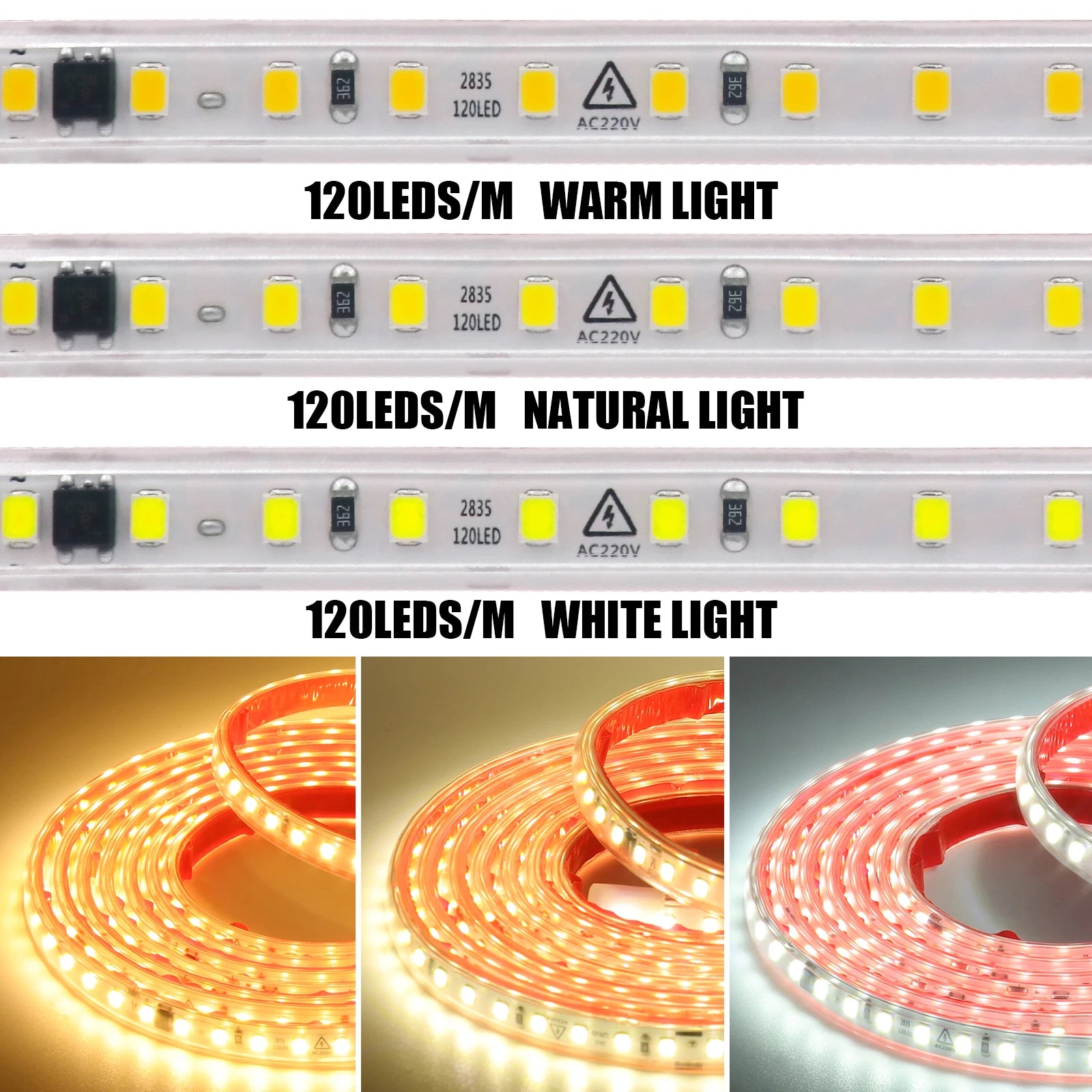 220V LED Strip 2835 120LEDs/m Waterproof 0.5M 5M 10M 20M 30M 40M Flexible Lamp Adhesive Tape White Red Green Ice Blue Pink