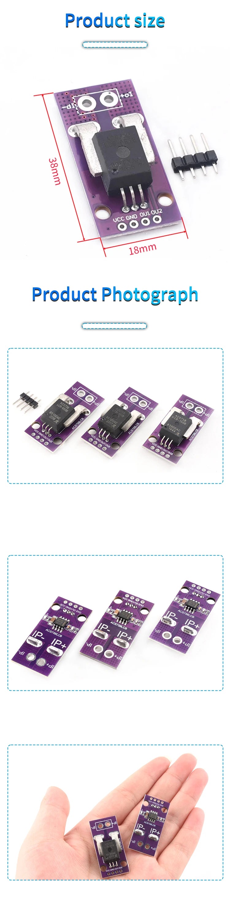 ACS758 LCB Hall Current Sensor Module 50A 100A 150A 200A Linear Analog AC DC Current Detection 3.3V-5V ACS758LCB for Arduino