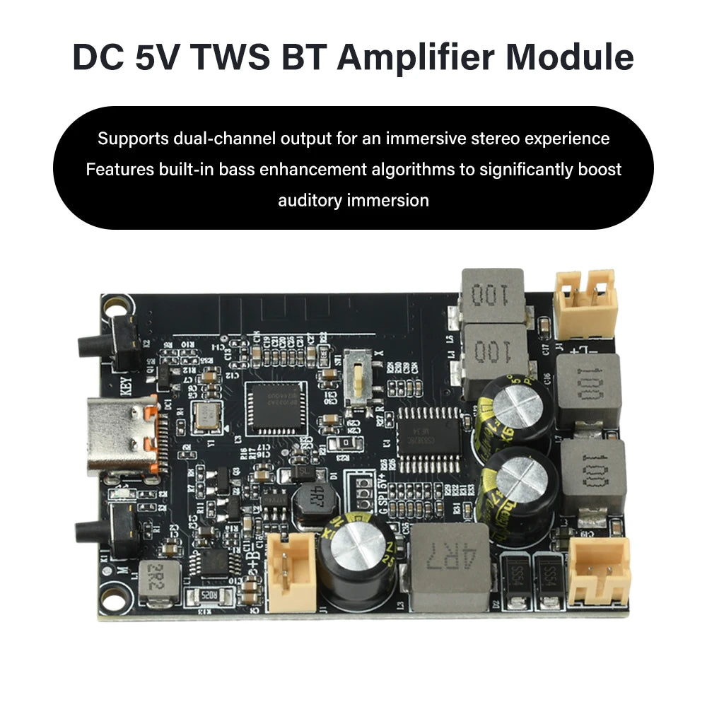 TWS Bluetooth Amplifier Module 2*10W Dual Channel Bass Enhancement Algorithm Amplifier Board Type C for DIY Audio Projects