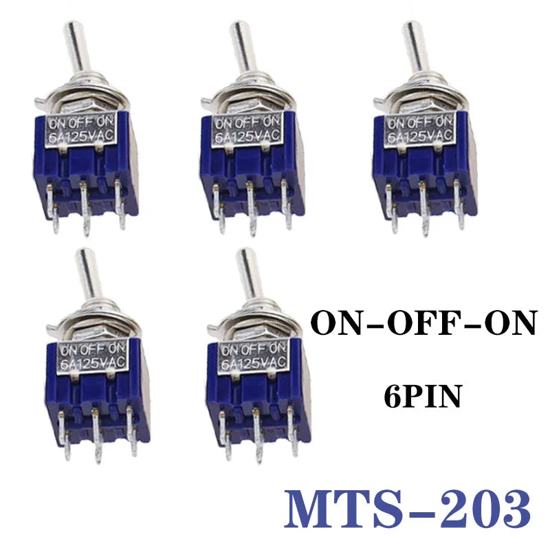 5Pcs Blue Miniature Lever Toggle Switch Single Pole Double Throw ON-OFF-ON /ON-ON 120VAC 6A 1/4 Inch Mounting MTS-102 103 202