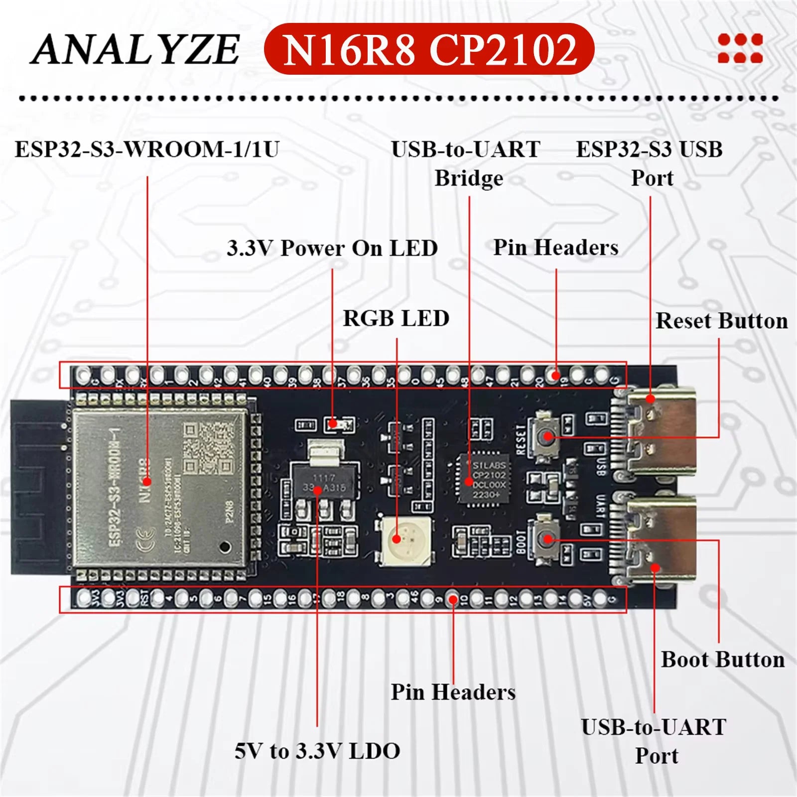 ESP32-S3 ESP32 Development Board WiFi Bluetooth Dual Core ESP-WROOM-32 USB Type-C CP2102 CH340 Compatible Arduino IoT DIY Module