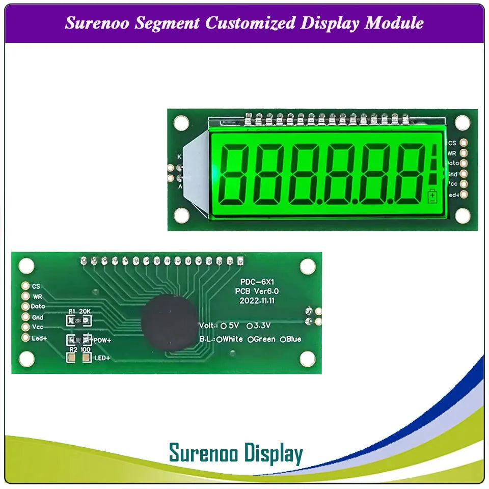Surenoo 6-Digit "8 8 8.8.8.8" 7 Segment Digital 5V  LCD Module Display Screen Panel build-in HT1621 Controller w/ Backlight