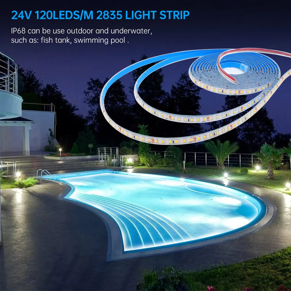 IP68 Waterproof LED Strip Light 2835 12V 24V 120LED/m with 2-pin Wire/ DC Plug Flexible Adhesive Tape 3000k/4500K/6000K 1M-20M
