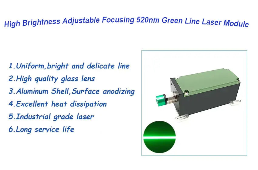 Adjustable Focusing 520nm 500mw 1W 1.4W Green Line 110 DEG Long Service Life Aviation Plug Laser Diode Module Industrial Grade