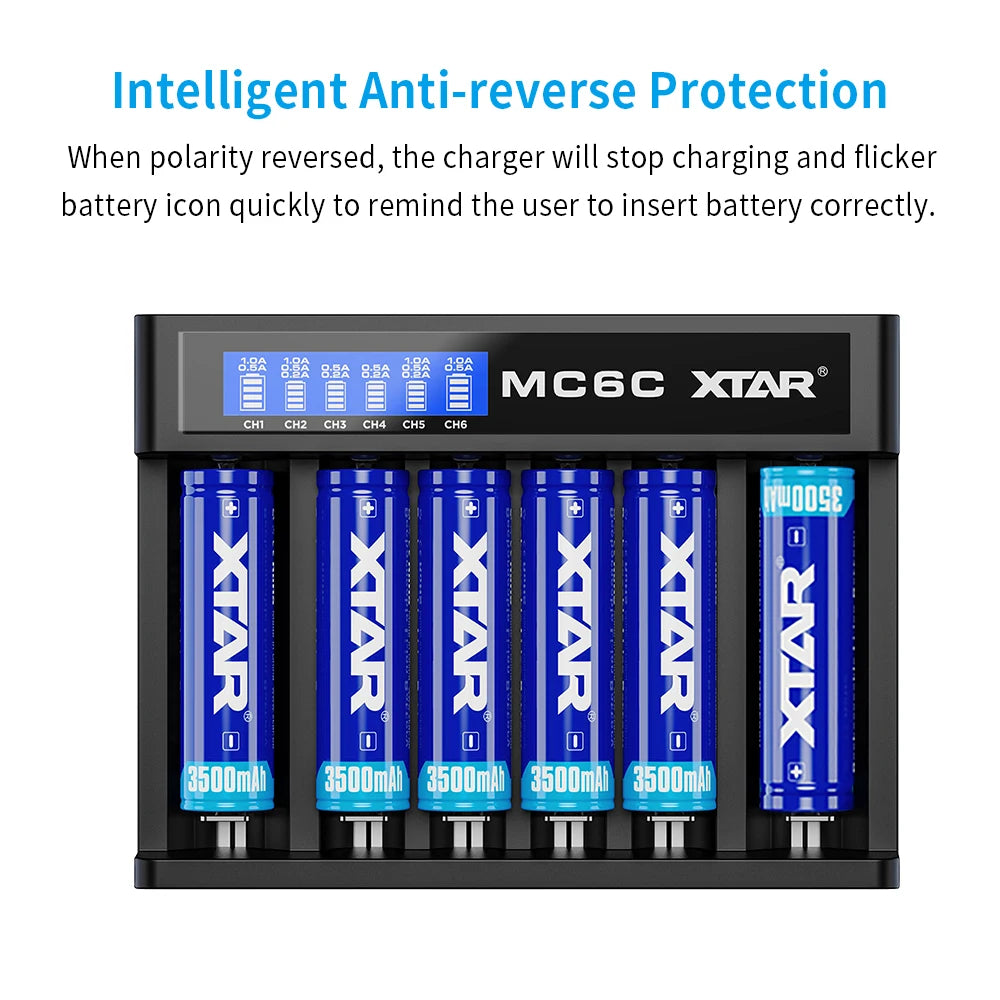 MC6C 6-Slot Independent Charger LCD Display for Li-ion Ni-MH USB-C Input 0V for 21700 18650 Li Battery AA AAA Battery Activation