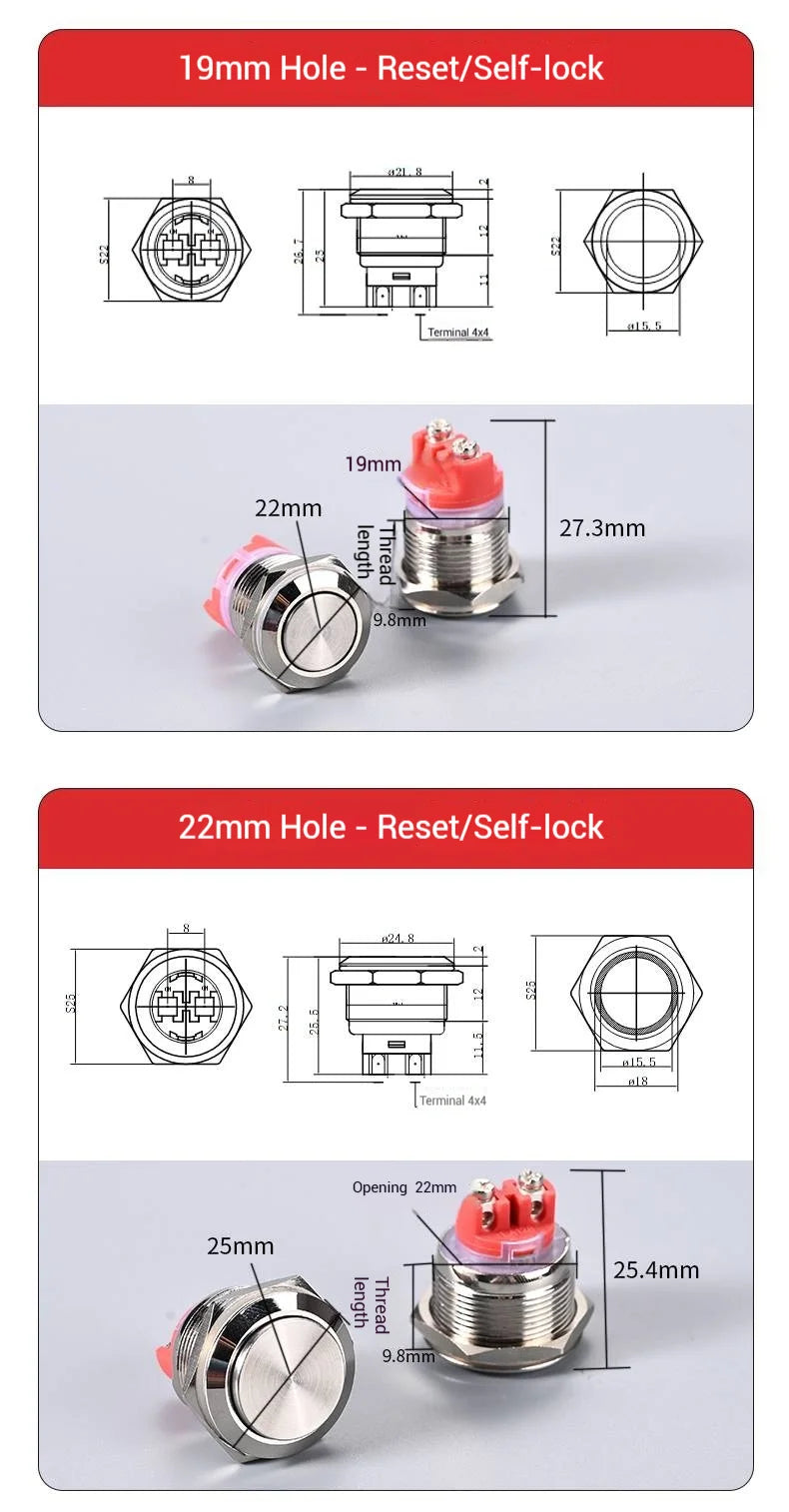 Push Button Switch Metal Screw Terminal Soldering 16/19/22mm Short 7A Latching Self-Locking/Reset LED Light 6/12/24/110/230V
