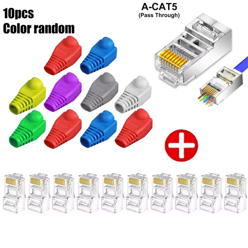 RJ45 CAT5 Pass Through Connectors Crystal End Gold-Plated to Crimp Modular Plug for Solid Or Stranded UTP Network Cable Sleeve