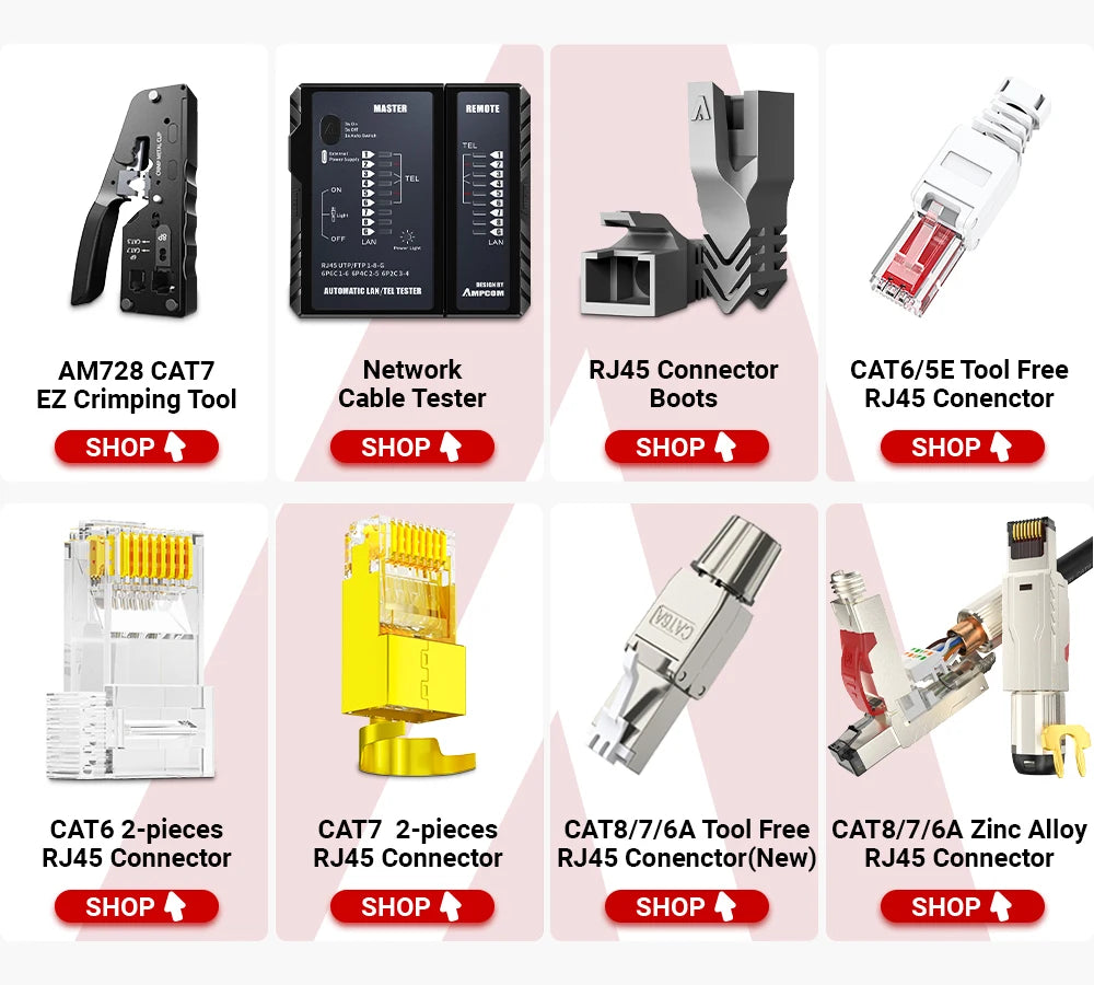 AMPCOM CAT7 Pass Through RJ45 Modular Plug Network Connectors STP 3/50μ Gold-Plated 8P8C Crimp End for Ethernet Cable