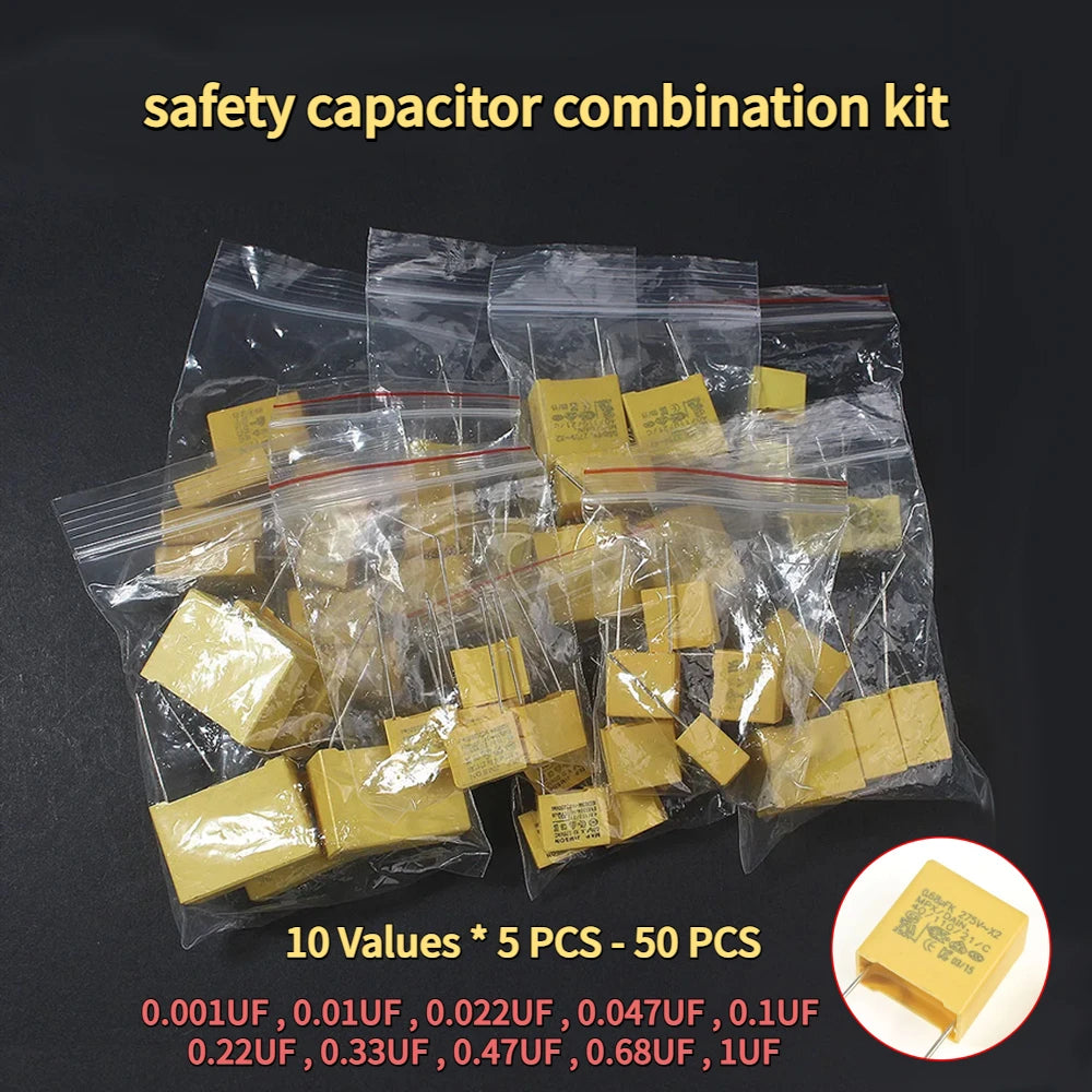 50PCS capacitor combination kit 102K~105K Polyester Film Capacitors Pack 275VAC X2 Capacitor Assorted Kit 0.047UF 0.1UF 0.22UF