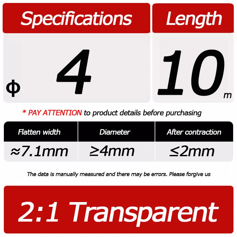 10 Meter/Lot Heat Shrink Tube 2:1 Clear Transparent Tubing Shrinkable Wrap 1mm - 60mm Cable Sleeve Wire