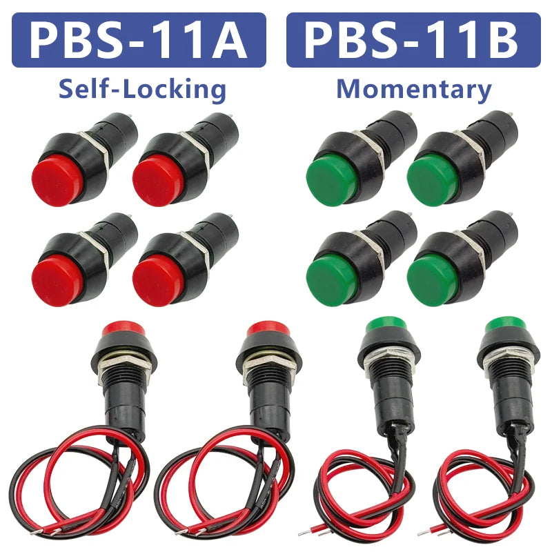 5Pcs 12mm Self-locking / Self-reset Plastic Push Button Switch Latching Switchs Momentary PBS-11A PBS-11B