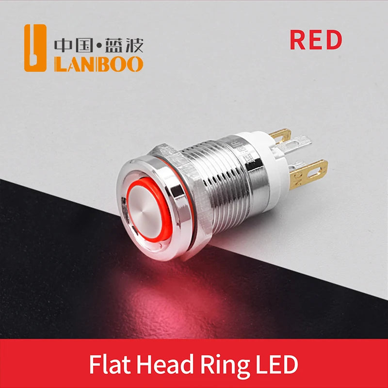 LANBOO 12E 7A High Current 4 Pin Switch Waterproof IP65 Latching or Momentary Micro Metal Push Button Switch with LED 24V220V