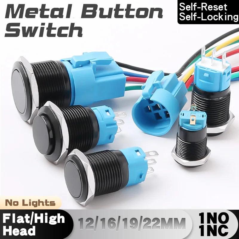 12/16/19/22MM Metal Button Switch No Lights Oxidized Black Momentary Reset Latching With Connector 12V 24V 220V